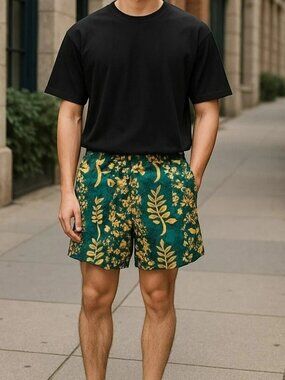TYR Sport Mens Large Green Floral Elastic Waist Pockets Swim Shorts Trunks Sz L